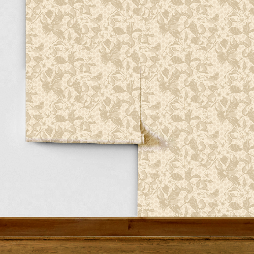 The artwork showcases a vibrant and detailed pattern featuring three orange and black birds set against a backdrop of yellow pears, green leaves, and white blossoms. The birds are depicted in different poses: one perched on a branch, one in mid-flight with wings spread, and another near a pear. The rich colors and intricate details of the feathers, fruits, and flowers create a lively and harmonious composition. The overall style combines naturalistic elements with a decorative, repeating design, highlighting the beauty of nature with emphasis on bold contrasts and vivid hues.